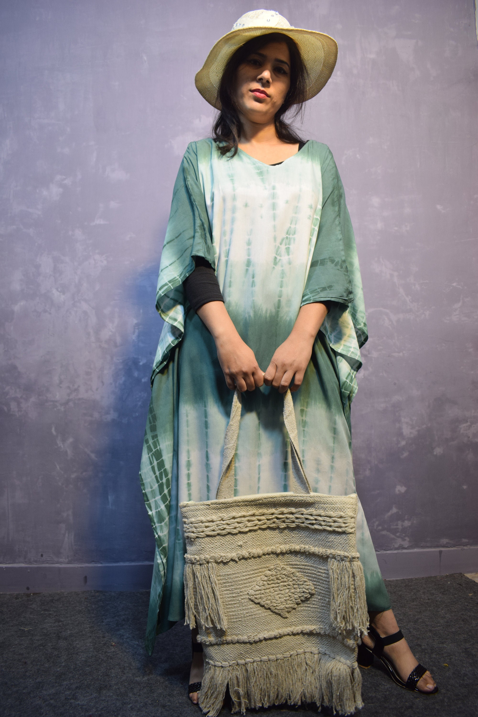 Green - Bandhani Tie-Dye Cotton Kaftan with Tie-Up Waist (Short)