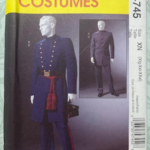 May include: A McCall's Costumes sewing pattern envelope M4745 in size XN, featuring illustrations of a military-style uniform with a long blue coat, gold buttons, a red sash with tassels, and matching trousers, with a barcode and text on the side.