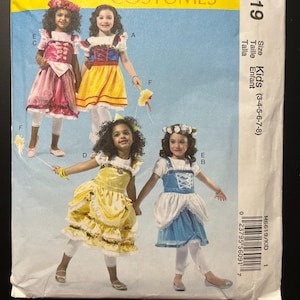 May include: McCall's Costumes M6619 sewing pattern for children's costumes in sizes 3-4-5-6-7-8. The envelope features illustrations of four different dress designs in pink, yellow, and blue, with various bodice details, short sleeves, and skirts.