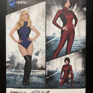 May include: Simplicity sewing pattern 8286 H5 for sizes U.S. 6-14. The envelope features a blue and black sleeveless bodysuit with a high neck and a red and black long-sleeved jumpsuit with a front zipper. Includes images of the finished garments.
