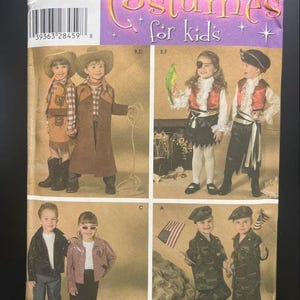 May include: A Simplicity sewing pattern envelope labelled 4918 for children's costumes in sizes 3 to 8. The cover features four distinct costume sets: western cowboy and cowgirl outfits, pirate attire, 1950s-style clothing, and military camouflage uniforms.
