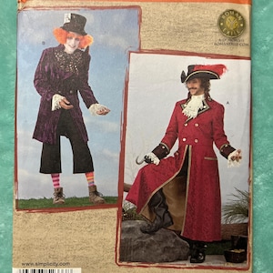 May include: A Simplicity 2333 sewing pattern envelope featuring two costume designs. One shows a purple velvet coat with a top hat and orange hair. The other shows a red long coat with a pirate hat, lace cravat, and a hook hand accessory.