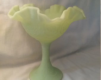 Fenton glass footed pedestal compote dish satin custard  uranium glass Persian medallion pattern