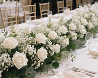 Puede incluir: Una mesa larga y blanca está decorada con un centro de mesa floral de rosas blancas, paniculata y vegetación. Se ven sillas doradas y cubiertos con cubertería y copas de vino.