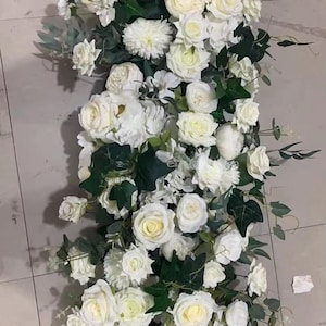 Greenery White Rose Floral Arch,Table Flower Runner,Stair Aisle Flower Row,Table Centerpieces,Flower Garland Wedding Reception