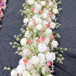 Baby&#39;s Breath White Rose Floral Garland,White Flower Runner,Table Flower Runner,Wedding Flower Row,Wedding Arrangement,Flower Arch Decor