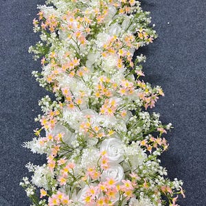 Baby&#39;s Breath White Rose Floral Garland,Wedding Flower Runner,Table Flower Runner,Wedding Flower Row,Wedding Arch Arrangement