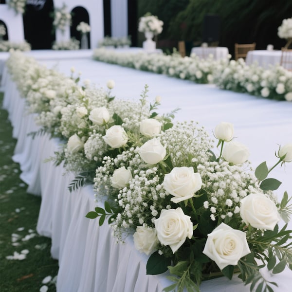 White Rose Flower Runner Babysbreath Garland,Wedding Flower Babysbreath Row,Table Centerpieces,Wedding Arch Arrangement,Party Decor