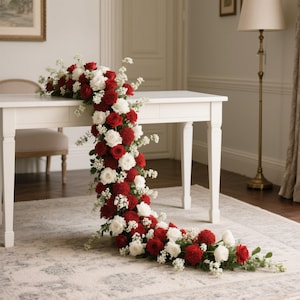 Red Rose Flowers Arch,Table Flower Garland,Wedding Flower Row,Wedding Reception,Red Rose Flower Arrrangement,Real touch Faux Flowers Runner