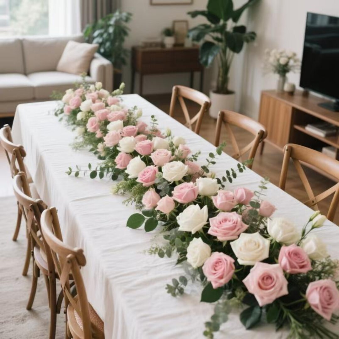 Sweet Pink White Rose Floral Runner,table Flower Garland,floor Mantel ...