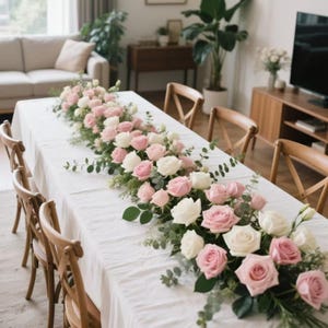 May include: A long white tablecloth is adorned with a floral arrangement of pink and white roses, eucalyptus, and greenery. Wooden chairs surround the table, creating an elegant dining setting. The room has a neutral color palette.