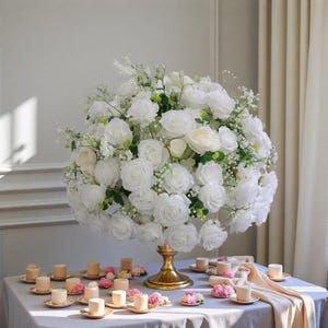 Bola de flores de peônia branca e rosa, centro de mesa de casamento, arranjo de flores para casamento, bola de flores de chumbo, decoração de mesa para festa de casamento