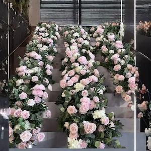 Greenery Pink Rose Floral Arch,Table Flower Runner,Stair Aisle Flower Row,Table Centerpieces,Flower Garland Wedding Reception