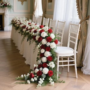 Greenery Red Rose Floral Garland,Table Flower Runner,Stair Aisle Flower Row,Table Centerpieces,Wedding Reception,Wedding head table flowers