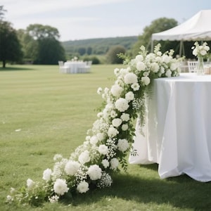 White Baby&#39;s Breath Peony Rose Floral Runner,Table Flower Garland,Wedding Flower Row,Wedding Reception,Wedding head table flowers