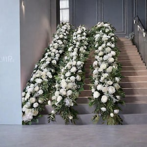 Greenery White Rose Floral Garland,Table Flower Runner,Stair Aisle Flower Row,Table Centerpieces,Flower Arch,Wedding Aisle Runners Stairway