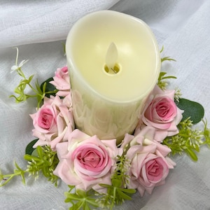 Flower Wreath For Table,Pink Rose Floral Candle Ring,Pillar Candle Wreath,Candle Rings Wreaths,Candle Ring Wreath,Table Centerpiece Decor