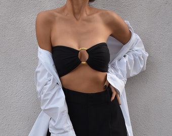 Organic bamboo cotton bandeau top, natural bamboo ring detail, handmade versatile wrap crop top