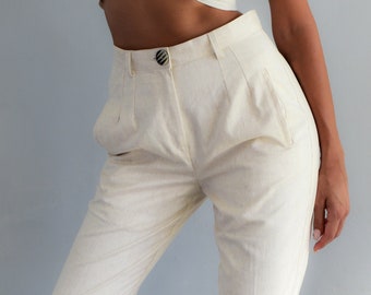 Katoenen linnen broek, handgemaakte ivoorkleurige naaktbroek met hoge taille