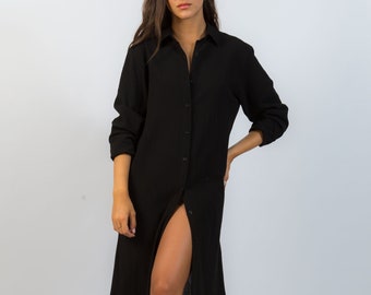 Cotton Shirt Dress | Button Up Dress | Women's Shirt Dress | Black Maxi Dress