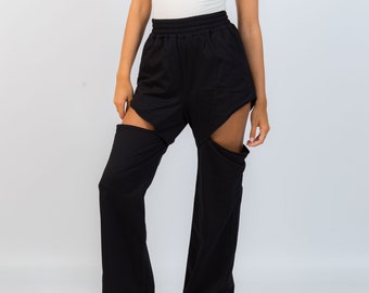 Terry Cotton Jogger Pants | Handmade High Waist Black Trousers | Cutout Pants