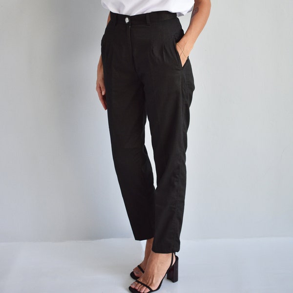 High waist black cotton pants, handmade shell button detail