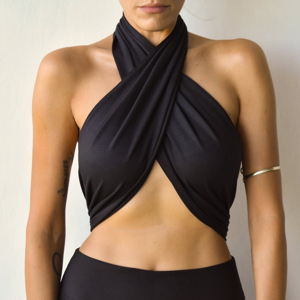 Organic bamboo cotton halter wrap top, handmade versatile crop top