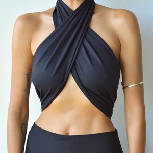 Organic bamboo cotton halter wrap top, handmade versatile crop top image 3