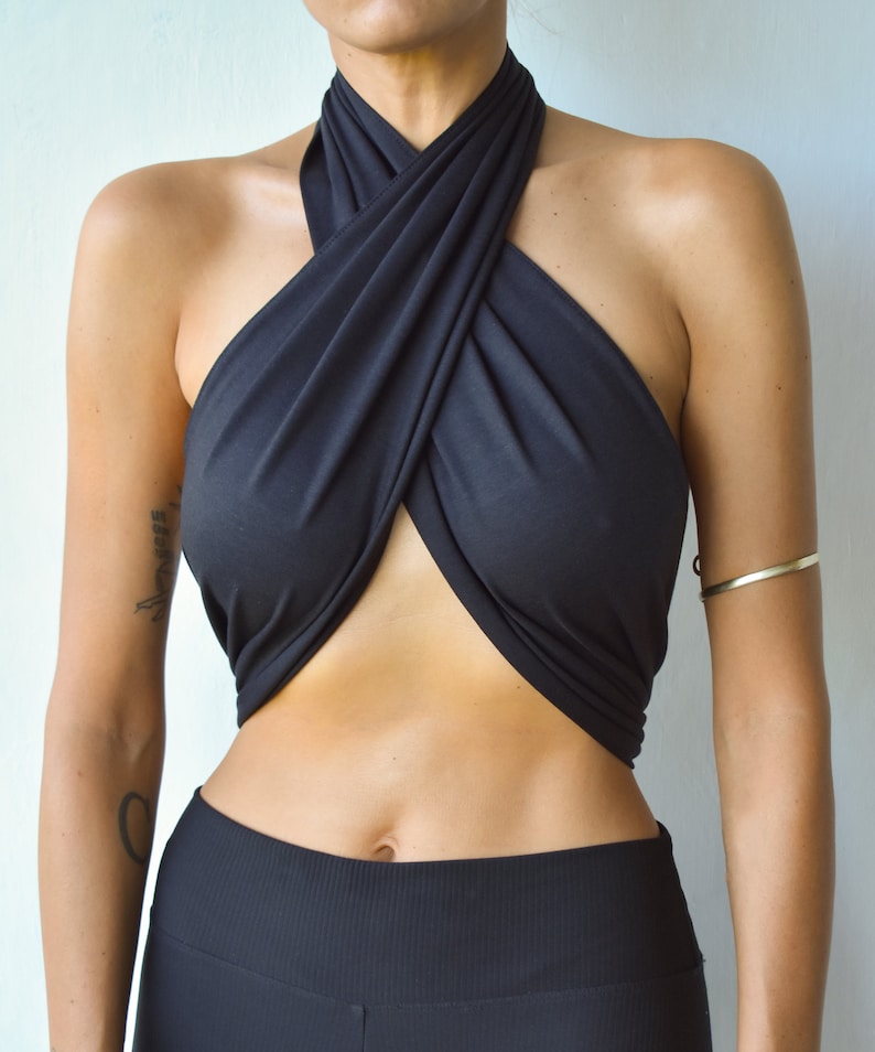 Organic bamboo cotton halter wrap top, handmade versatile crop top imagem 3