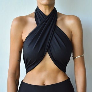 Organic bamboo cotton halter wrap top, handmade versatile crop top image 4