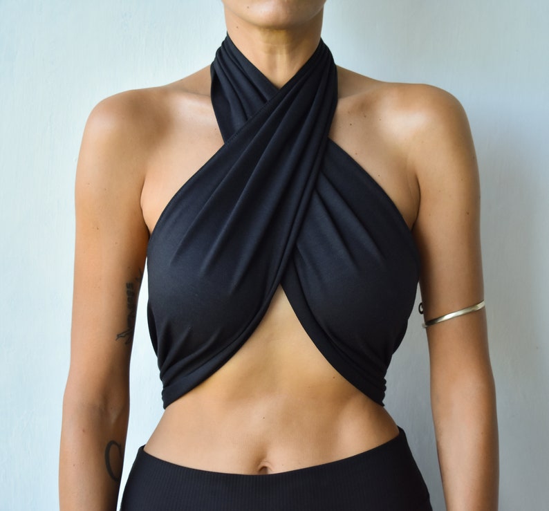 Organic bamboo cotton halter wrap top, handmade versatile crop top image 4