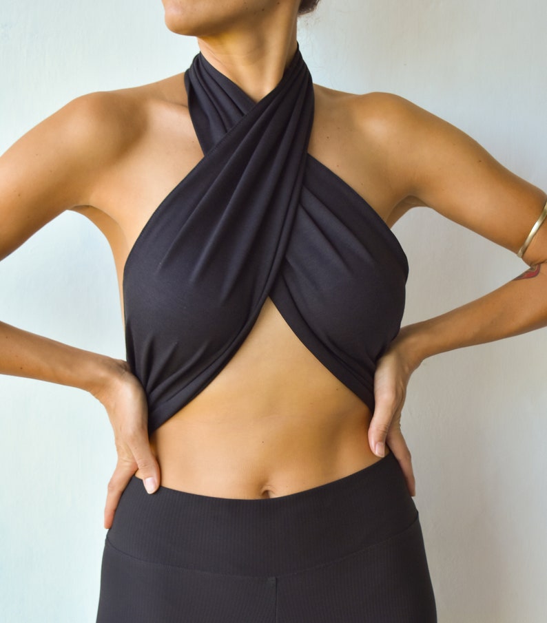 Organic bamboo cotton halter wrap top, handmade versatile crop top image 2