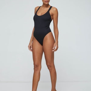 Bamboo Cotton Bodysuit Black Cross Back One Piece Open Back Top image 7