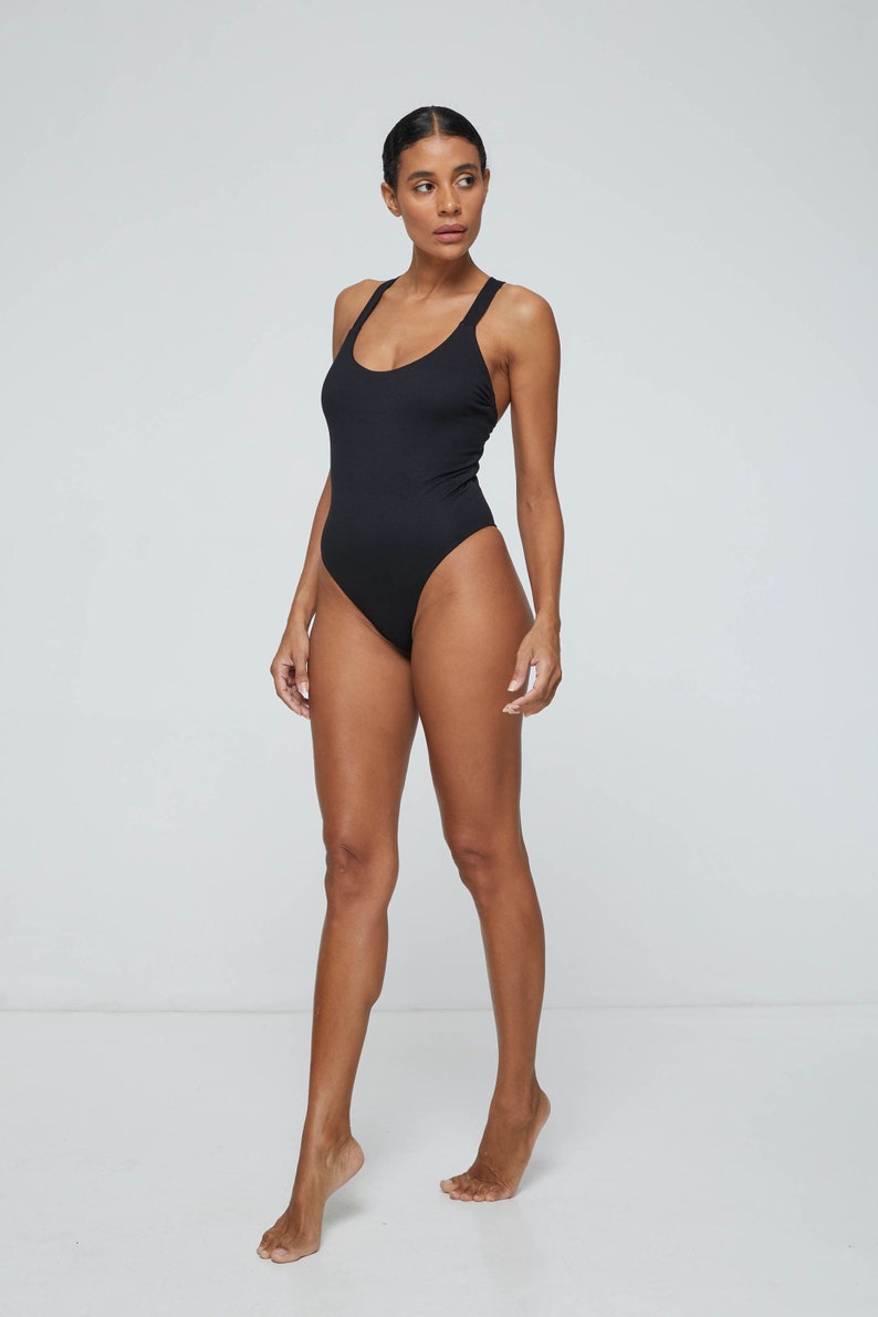 Bamboo Cotton Bodysuit Black Cross Back One Piece Open Back Top image 7