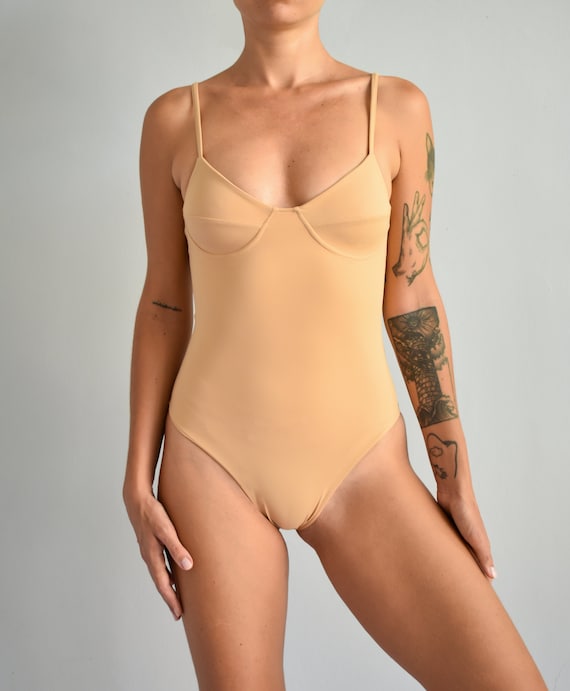 Recycled Nylon Bustier Bodysuit, Beige Color Thong Cut Swimsuit in