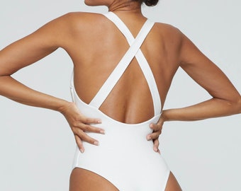 Organic Bamboo Cotton Bodysuit | White Cross Back Body | Open Back Fitted Top