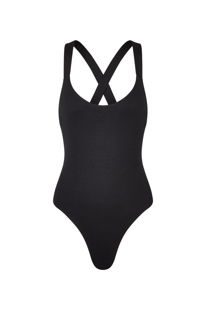 Bamboo Cotton Bodysuit Black Cross Back One Piece Open Back Top image 6