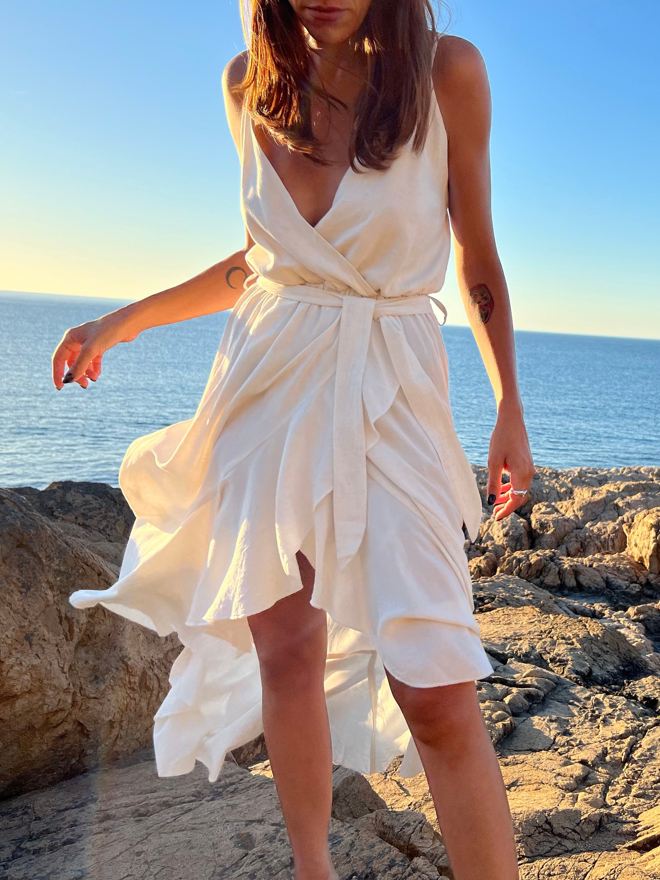 Linen Blend Long Dress White Maxi Dress Ruffle Hem Wrap Dress Etsy