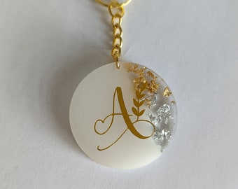 Custom Made Initial/Monogram Letter Key Chain - White with Gold or Silver Flakes. Wedding, bridesmaids gifts