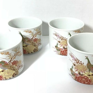 Vintage Japanese Porcelain Soup Bowls Cups  Peacock Bird Pattern Multi Color Set of 4