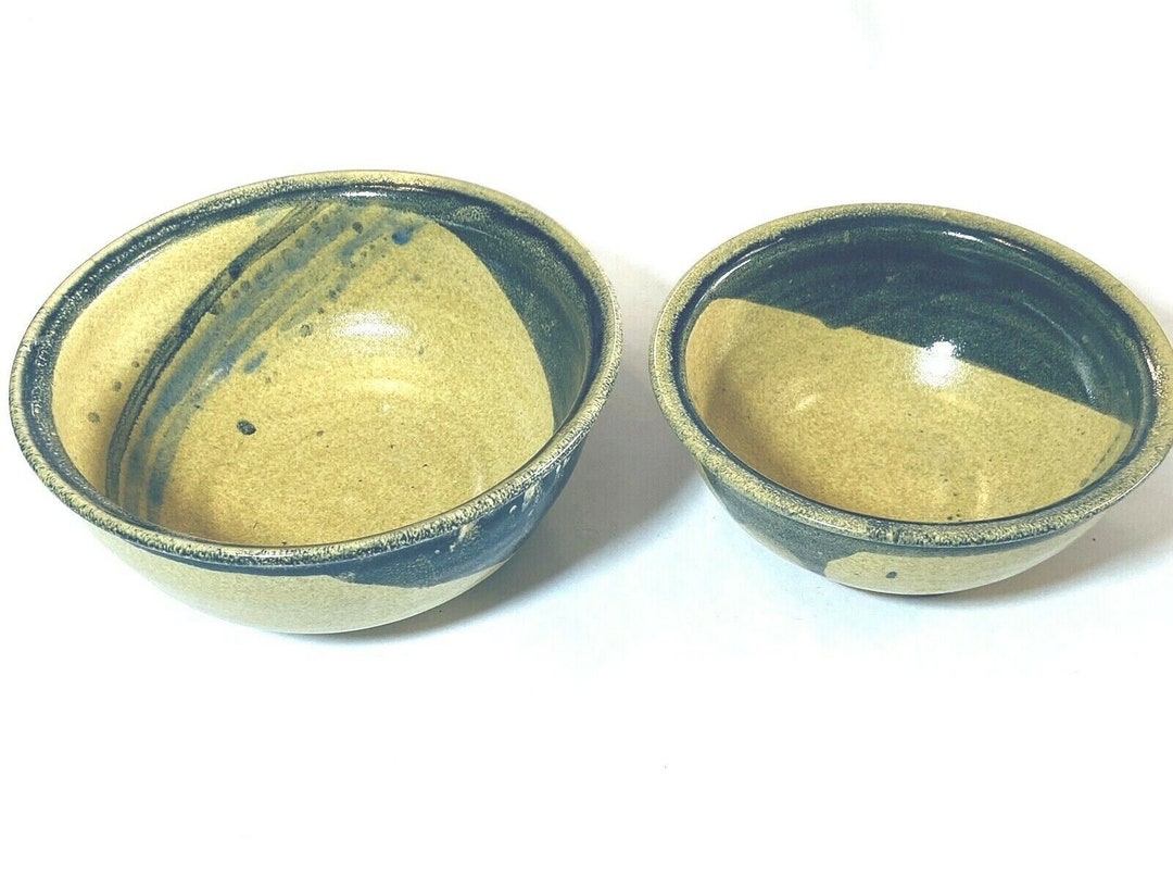 Pair Vintage Hand Thrown Studio Art Pottery Bowls Artist Signed Beige ...