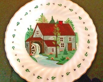 Vintage White Fire King Plate Painted Cottage Scene 10″