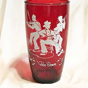 Vintage Ruby Red Glass Hoe Down Tumbler 5.25&quot; 12 oz. Music Jazz Blues