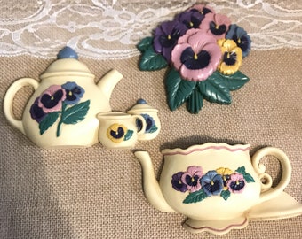 Vintage Burwood Teatime Pansy Wall Accent Decor Set 3 Pieces Teapot Cup Flowers