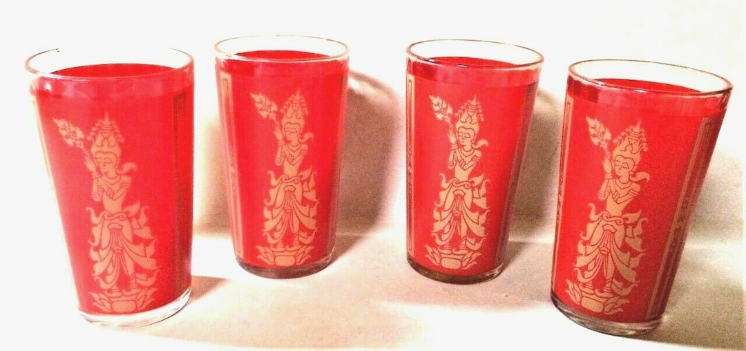 Vintage Glass Tumblers Retro Glasses Set of 4 Red & Gold Table Etsy