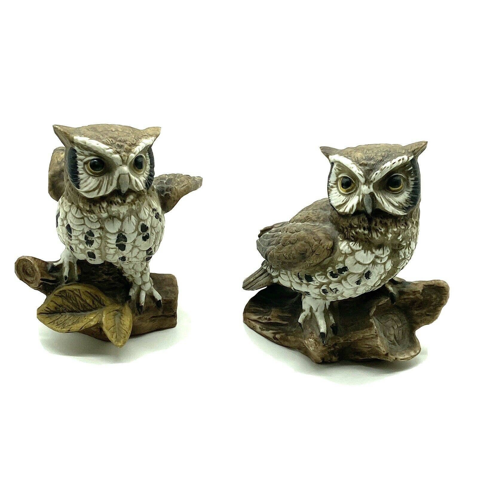 2 Vintage Owl Figurines Ceramic Brown Detailed Barn Hoot