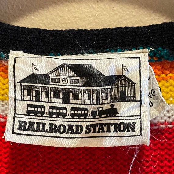 Vintage Railroad Station Bright Knit Fringed Swea… - image 3