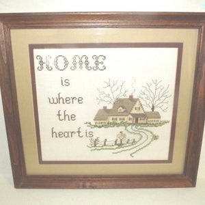 Vintage Framed & Matted Home is Where The Heart Is Cross Stitched Art Picture