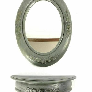 Vintage Burwood Mirror with Shelf Set  2 Piece Wall Decor Roses Teal Blue 1987
