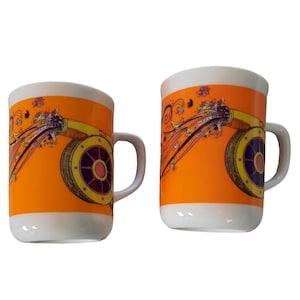 Vintage Japanese Ceramic Coffee Mug Set - Vibrant Orange & Floral Design